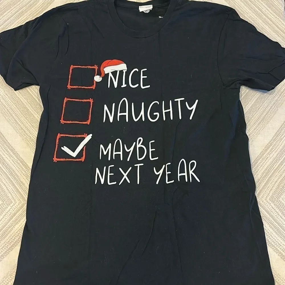 Men’s Black ‘Nice, Naughty, Maybe Next Year’ Black T-Shirt: Size S